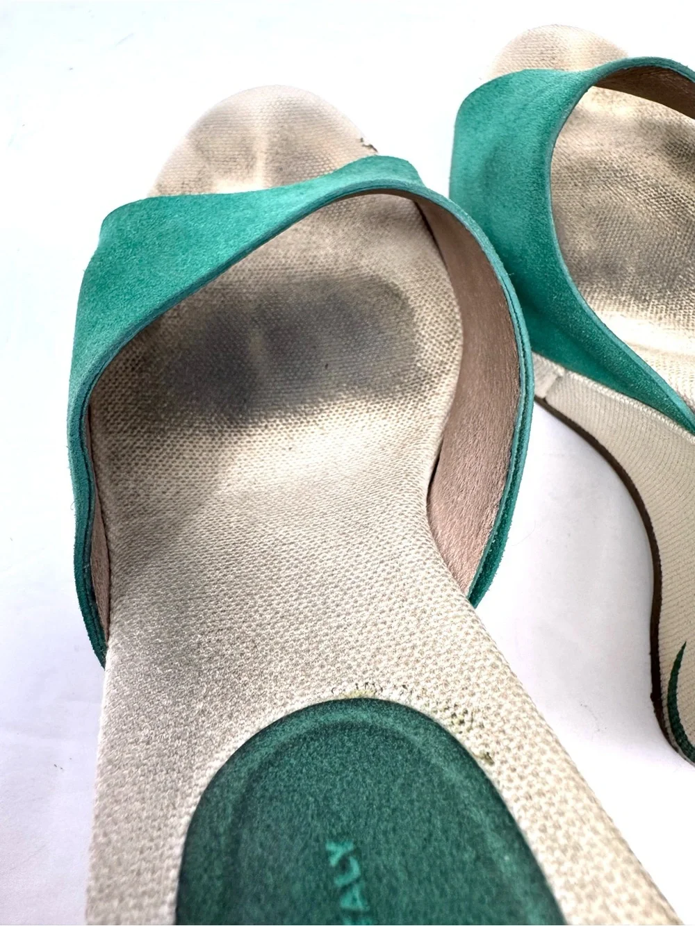 DKNY green suede peep toe wedges, made in Italy, size 8.5